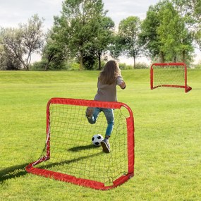 HOMCOM Set 2 Porți de Fotbal Pliabile pentru Exterior cu 4 Țăruși, Plasă de Fotbal din Metal și Tetrolon, 90x36x60 cm, Roșu | Aosom Romania