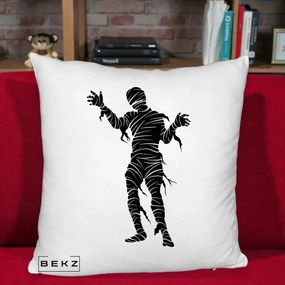 Perna Decorativa Mormii Infricosat Silueta Neagra Halloween, 40x40 cm, Alb Pufos, Husa Detasabila, Perna Inclusa, BEKZ®