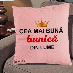 Cadou pentru Bunica - Perna Personalizata Cea Mai Buna Bunica Din Lume Coroana Aurie, 40x40 cm, Roz, Husa Detasabila, Perna Inclusa, BEKZ®