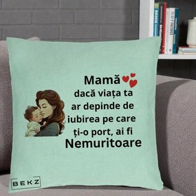 Cadou pentru Mama - Perna Personalizata Mama Nemuritoare cu Bebelus Lineart, 40x40 cm, Verde Menta, Husa Detasabila, Perna Inclusa, BEKZ®