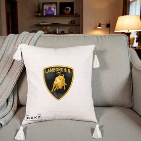 Perna Personalizata cu emblema Lamborghini, 40x40 cm, Bej cu Franjuri, Husa Detasabila, Perna Inclusa, BEKZ®