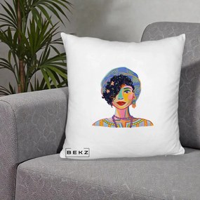 Perna Decorativa Portret Femeie Etnic Colorat, 40x40 cm, Alb Pufos, Husa Detasabila, Perna Inclusa, BEKZ®