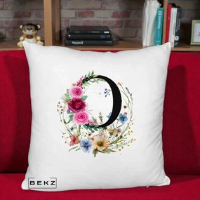 Cadou Personalizat - Perna Personalizata Monogram Litera O cu Flori Acuarela, 40x40 cm, Alb Pufos, Husa Detasabila, Perna Inclusa, BEKZ®