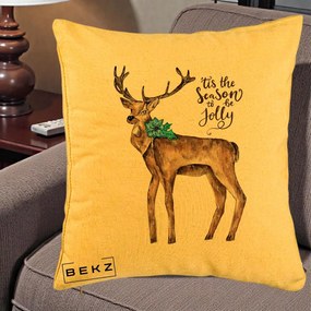 Perna Decorativa Ren Tis the Season to be Jolly, 40x40 cm, Galben, Husa Detasabila, Perna Inclusa, BEKZ®