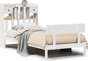 vidaXL Pat cu bibliotecă fără saltea, alb, 75x190 cm, lemn masiv pin