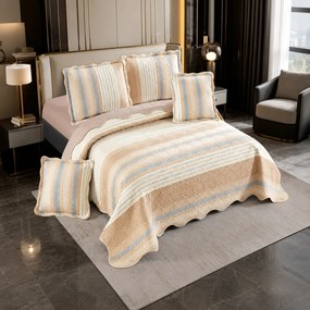 Cuvertură bumbac 100%, crem cu dungi bej, 5 piese, 230x250 cm, CB532