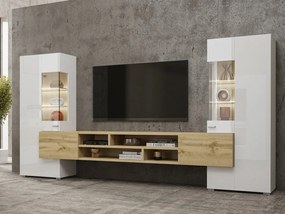Mobilă pentru sufragerie Austin AV107Wotan stejar, Alb lucios, Cu comodă tv, Cu componente suplimentare, Solid, PAL laminat, Sticlă, 143x270x39cm