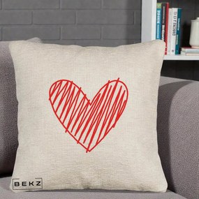 Perna Decorativa Inima Rosie Desen Manual, 40x40 cm, Bej Canapea, Husa Detasabila, Perna Inclusa, BEKZ®