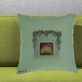 Perna Decorativa Semineu de Craciun Watercolor, 40x40 cm, Verde, Husa Detasabila, Perna Inclusa, BEKZ®