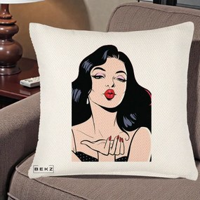 Perna Decorativa Femeie Pop-Art Kiss, 40x40 cm, Crem Reliefat, Husa Detasabila, Perna Inclusa, BEKZ®