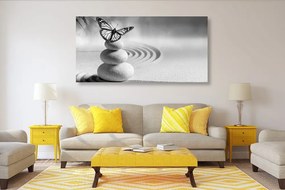 Tablou echilibrul pietrelor și fluture în design alb-negru