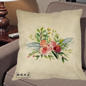 Perna Decorativa Buchet Flori Acuarela Roz-Verde, 40x40 cm, Crem, Husa Detasabila, Perna Inclusa, BEKZ®