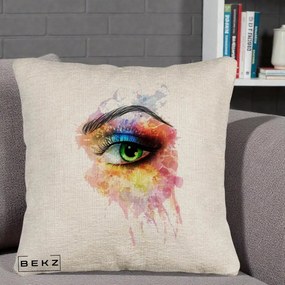 Perna Decorativa Ochi Verde Acuarela, 40x40 cm, Bej Canapea, Husa Detasabila, Perna Inclusa, BEKZ®