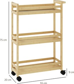 HOMCOM Raft de Baie din Bambus cu 3 Niveluri, Carucior Organizator cu Roți pentru Bucătărie, Baie, Living, 55 x 20 x 75 cm - Natural | Aosom Romania