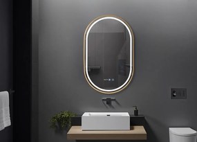 RESIGILAT- Oglinda baie, Multifuncțională, Iluminare LED 3 culori, Ceas încorporat, Sistem Dezaburire, Rama Auriu, 45x90 cm