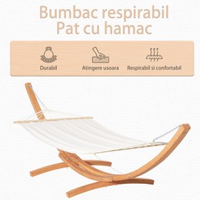 Hamac Outsunny cu Suport din Lemn si Bumbac, Hamac de Gradina pentru alte Spatii Exterioare, 392x120x102cm, Alb | Aosom Romania