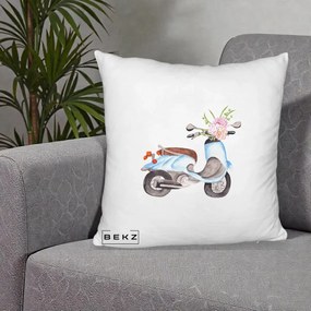 Perna Decorativa Scuter Albastru cu Flori Acuarela, 40x40 cm, Alb Pufos, Husa Detasabila, Perna Inclusa, BEKZ®