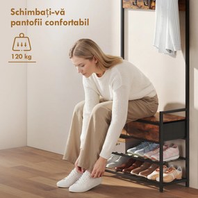 HOMCOM Cuier de Podea 5 în 1, 181,5 cm, cu Bancă și Suport pentru Încălțăminte, 10 Cârlige, Metal, Maro Rustic | Aosom Romania