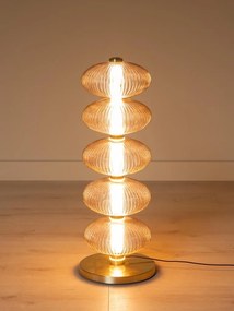 Lampă de masă din sticlă,maro, cu structură din alamă antichizata, formă sferică, finisaj vintage, 80x29 cm, „Auralis"