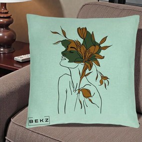 Perna Decorativa Portret Feminin Crin Auriu, 40x40 cm, Verde Menta, Husa Detasabila, Perna Inclusa, BEKZ®