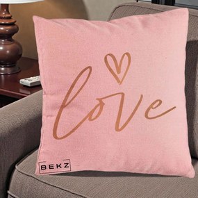 Perna Decorativa Love Caligrafie Aurie, 40x40 cm, Roz, Husa Detasabila, Perna Inclusa, BEKZ®