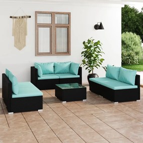 Set mobilier de gradina cu perne, 7 piese, negru, poliratan negru si albastru acvatic, 4x mijloc + 2x colt + masa, 1
