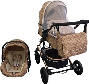 Carucior nou nascuti 3 in 1 Baby Care™ PRO 531, Cu geanta bebe, Cadru Aluminiu Gold , Amortizoare, Roti din cauciuc plin AVE, Landou, Scoica auto,