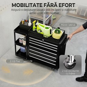 HOMCOM Cărucior pentru Unelte din Oțel cu 7 Sertare, Poliță Laterală Detașabilă, Roți, Capacitate 120kg, Negru | Aosom Romania