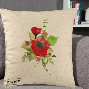 Perna Decorativa Buchet Rosu Acuarela, 40x40 cm, Bej, Husa Detasabila, Perna Inclusa, BEKZ®