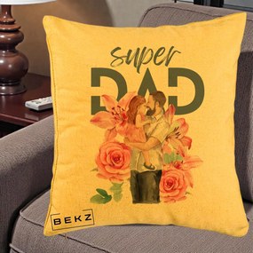 Cadou pentru Tata - Perna Personalizata Super Dad Tata cu Fetita si Flori, 40x40 cm, Galben, Husa Detasabila, Perna Inclusa, BEKZ®
