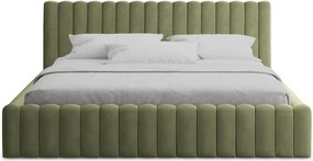 Pat matrimonial verde tapițat cu spațiu de depozitare cu somieră 140x200 cm Lemi – Makamii
