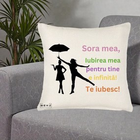 Cadou pentru Sora - Perna Personalizata Sora Mea Te Iubesc Siluete Colorate Umbrela, 40x40 cm, Crem Reliefat, Husa Detasabila, Perna Inclusa, BEKZ®