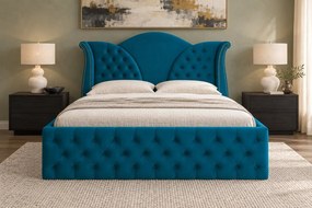 Pat tapițat Chesterfield din catifea Velora Deluxe Classic 160×200 cm, turcoaz, cu ladă de depozitare