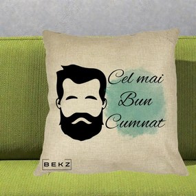 Cadou pentru Cumnat - Perna Personalizata Cel mai Bun Cumnat cu Portret Barbat si Pete Teal, 40x40 cm, Crem, Husa Detasabila, Perna Inclusa, BEKZ®