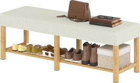 HOMCOM Bancă pentru pantofi din lemn masiv de 140 cm, bancă modernă de hol cu șezut tapițat pentru două persoane, lemn natural și Alb-crem | Aosom Romania