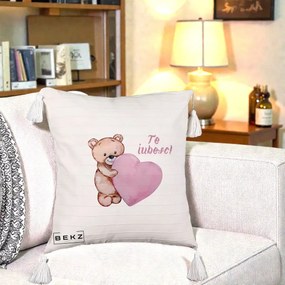 Cadou Romantic - Perna Personalizata Te Iubesc Ursulet cu Inima Roz Acuarela, 40x40 cm, Bej cu Franjuri, Husa Detasabila, Perna Inclusa, BEKZ®