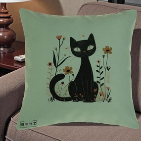 Perna Decorativa Pisica Neagra Flori Pastel Folk, 40x40 cm, Verde, Husa Detasabila, Perna Inclusa, BEKZ®
