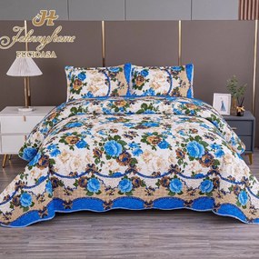 Cuvertura pentru pat dublu cu 2 fete  matlasata  Bumbac Satinat Superior  Albastru  flori