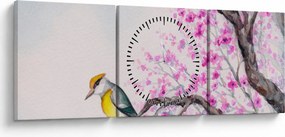 Tablou - Pasăre pe un copac cu flori roz (cu ceas) (90x30 cm)