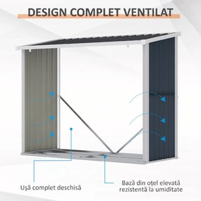 Outsunny Suport exterior pentru lemne, din oțel galvanizat, cu bază înălțată și acoperiș înclinat, 1,34 m², gri închis | Aosom Romania