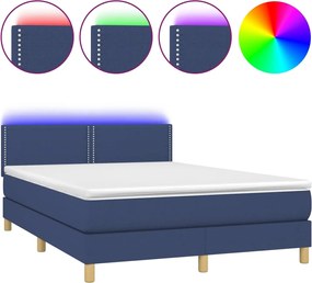 vidaXL Pat cu arcuri, saltea și LED, albastru, 140x200 cm, textil