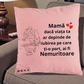 Cadou pentru Mama - Perna Personalizata Mama Nemuritoare Portret Graphic, 40x40 cm, Roz, Husa Detasabila, Perna Inclusa, BEKZ®