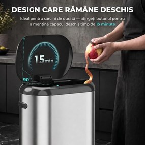 HOMCOM Coș de gunoi automat cu senzor cu infraroșu, 50 l, din oțel inoxidabil anti-amprentă, cu închidere amortizată, argintiu | Aosom Romania