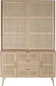 Bufet înalt japandi din lemn de paulownia, natur, cu 4 uși, 3 sertare, 2 rafturi și ratan împletit, 196 x 120 x 38,5 cm, „Sully”