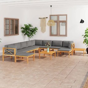 3087233 vidaXL Set mobilier grădină cu perne gri, 12 piese, lemn masiv de tec