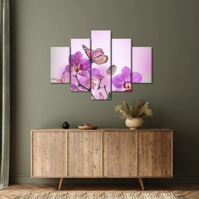 Tablou - Fluture pe flori de orhidee, liliac (150x105 cm)