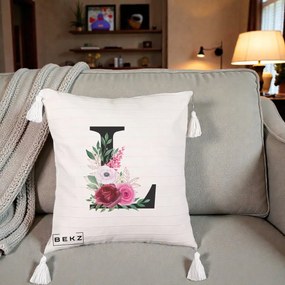 Cadou Personalizat - Perna Personalizata Monograma Florala Litera L, 40x40 cm, Bej cu Franjuri, Husa Detasabila, Perna Inclusa, BEKZ®