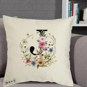 Cadou Personalizat - Perna Personalizata Monogram Litera J cu Flori Acuarela, 40x40 cm, Ecru, Husa Detasabila, Perna Inclusa, BEKZ®