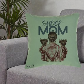 Cadou pentru Mama - Perna Personalizata Super Mom of Girls Mama cu Gemene, 40x40 cm, Verde, Husa Detasabila, Perna Inclusa, BEKZ®