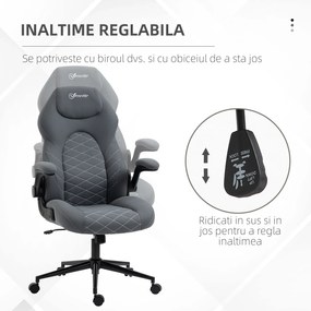 Vinsetto Scaun de Birou Ergonomic cu Înălțime Reglabilă, Cotiere Rabatabile și Funcție de Înclinare, Scaun cu 5 Roți, Dimensiuni 65,5x69,5x112-122 cm, Gri | Aosom Romania